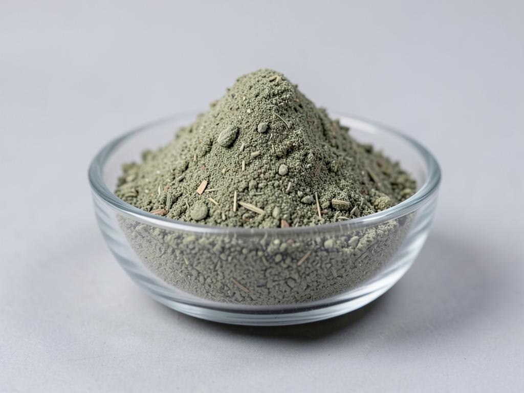 Yarrow Herb Powder shown as a dried milled botanical powder in a shallow dish in a neutral studio photograph