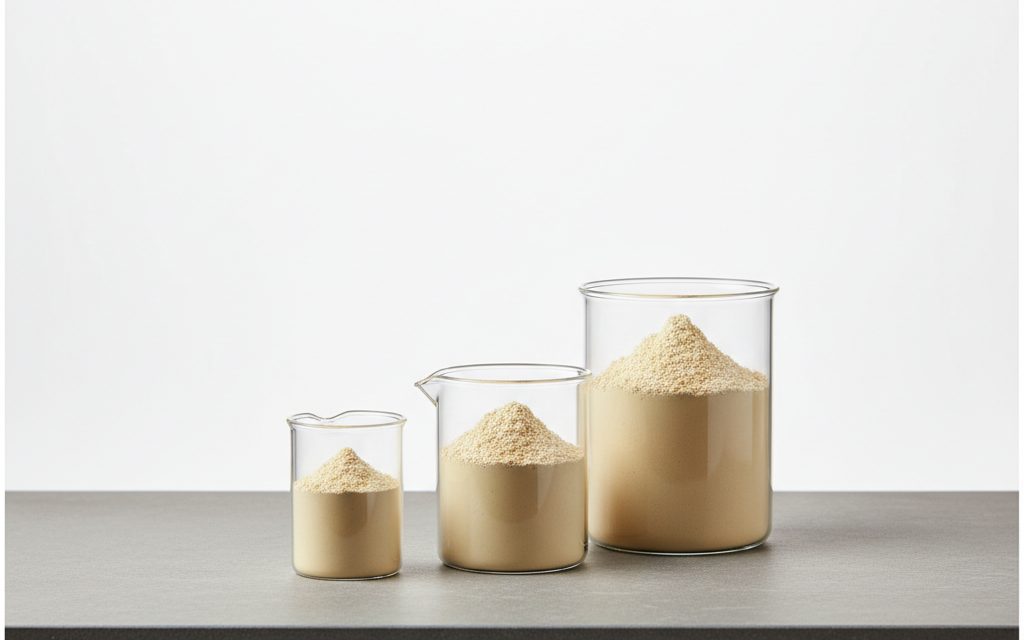 Yeast Beta-Glucan — a pale yellow to light brown fine powder, typically insoluble in water, appearing as a dense, opaque heap in beakers, studio product photograph