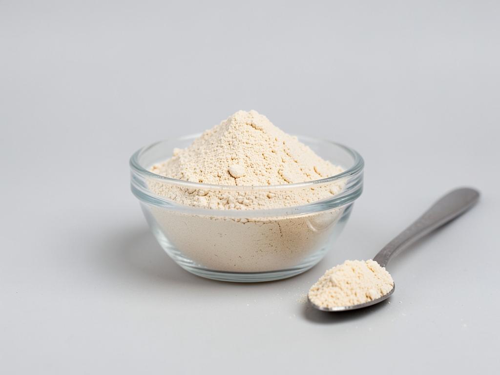 Yeast protein shown as a fine light beige powder in a small glass dish in a neutral studio photograph