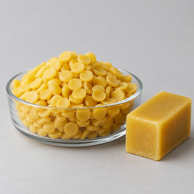Yellow Beeswax — Cosmetic Grade — studio photograph of yellow pellets, pastilles or blocks, presented as a B2B sourcing category illustration