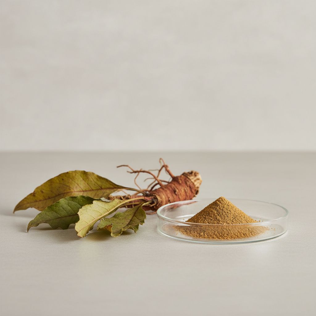 Illustrative studio sample of Yellow Dock (Rumex Crispus) Extract beside Rumex crispus source material