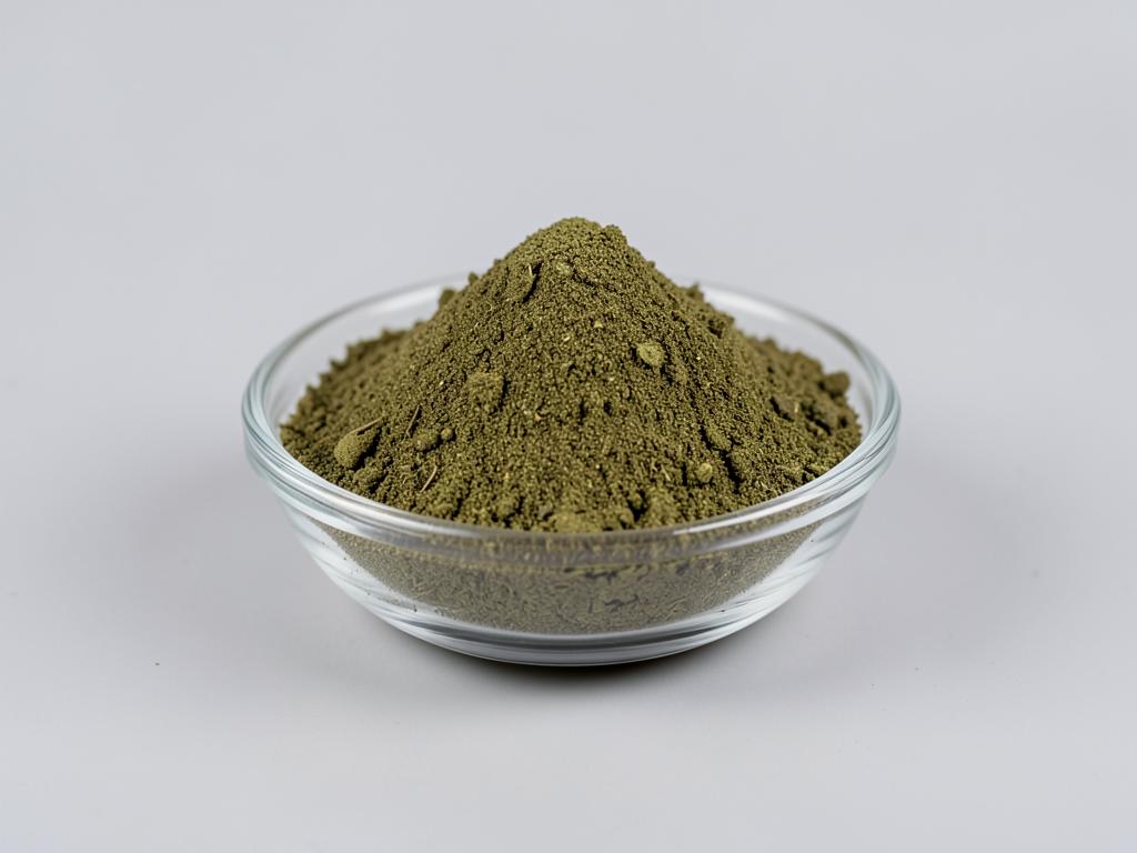 Yerba Mate Powder shown as a dried milled botanical powder in a shallow dish in a neutral studio photograph