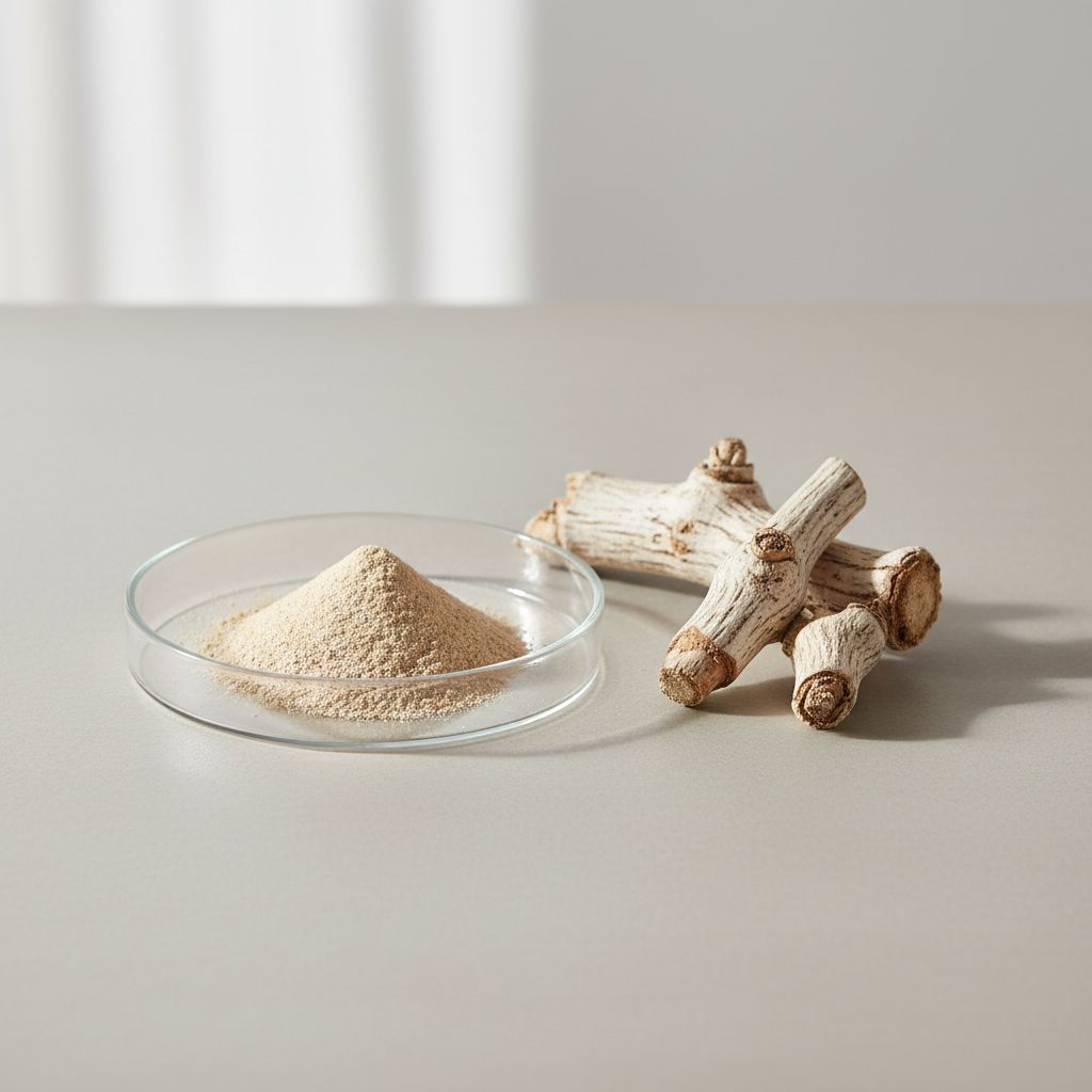 Illustrative studio sample of Yucca Extract beside Yucca schidigera source material