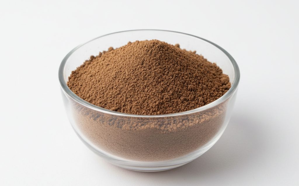 Yucca Schidigera Extract — a medium to dark brown, fine-grained powder with a characteristic herbal scent, often appearing as a dark, dusty organic solid, studio product photograph