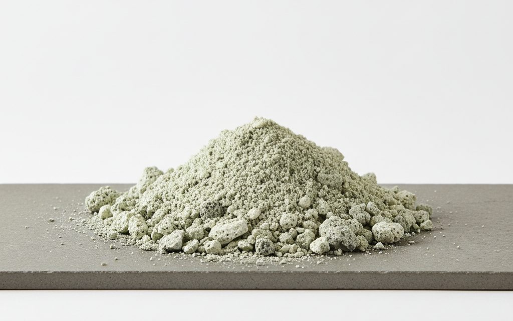 Grade confirmed at quotation — natural greenish-grey or off-white granular stones or crushed powder with a hard, porous volcanic texture used for molecular sieving, studio product photograph