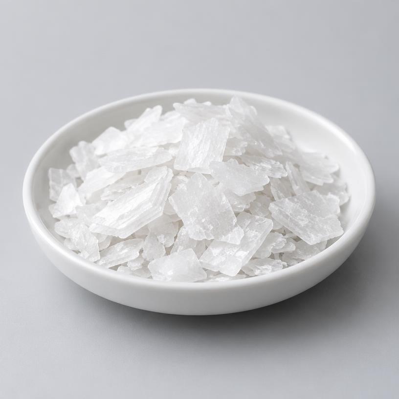 Zinc Acetate — Industrial Grade — studio photograph of white crystalline powder or flakes, presented as a B2B sourcing category illustration