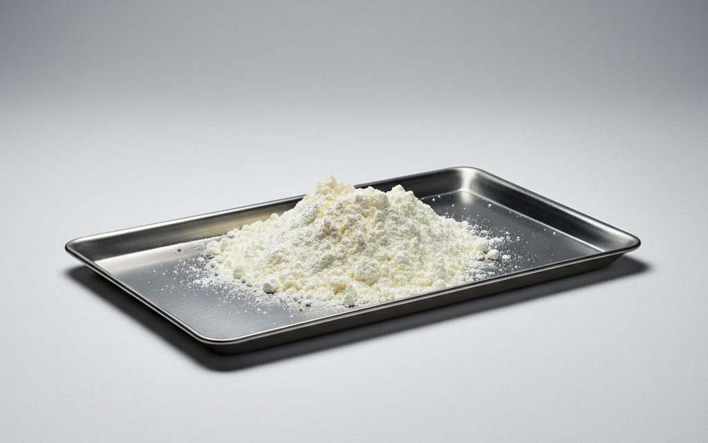 Grade confirmed at quotation — fine white to yellowish-white amorphous powder, odorless, insoluble in water, and characterized by a soft, velvety tactile texture, studio product photograph