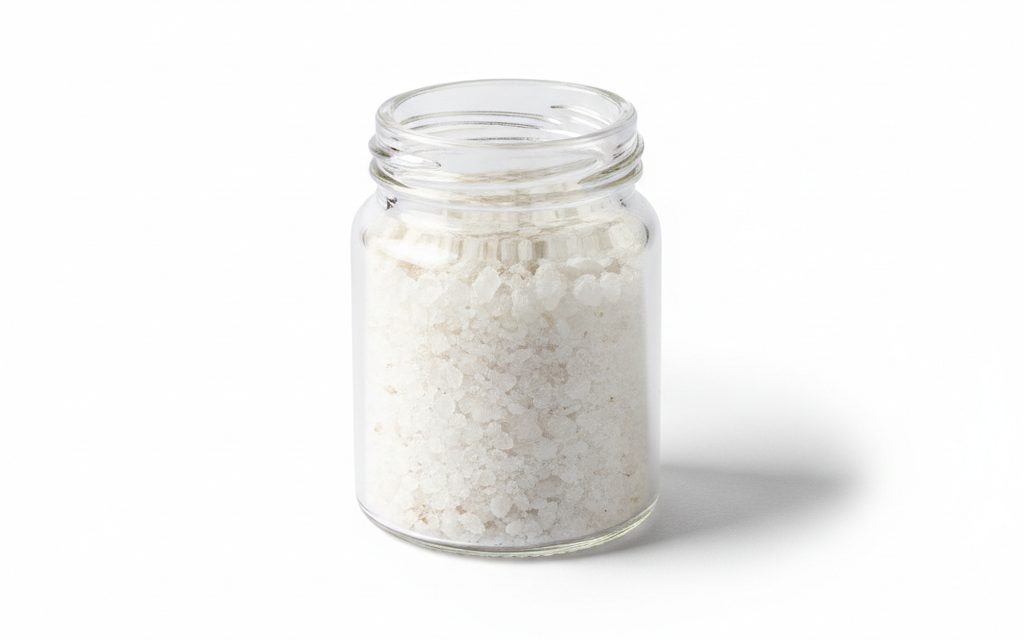 Zinc Sulphate Monohydrate — white to off-white free-flowing powder or small granules, appearing as a dry, inorganic mineral solid in a lab dish, studio product photograph
